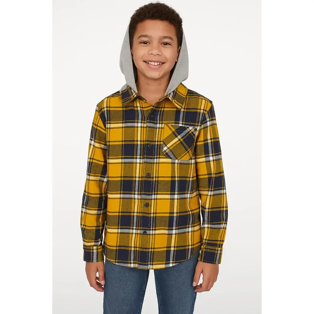 Old‎ Navy Shirt Boys Size XL Yellow Blue Plaid Hooded Button-Up Long Sleeve